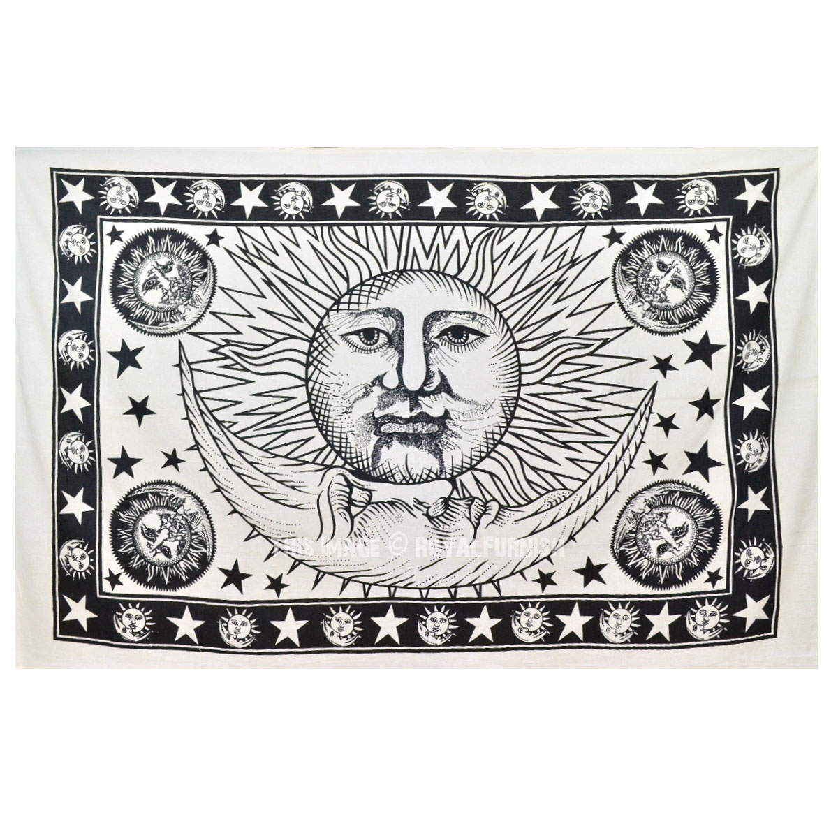 Small White & Black Sun Moon Wall Tapestry, Fringed Indian Tapestry
