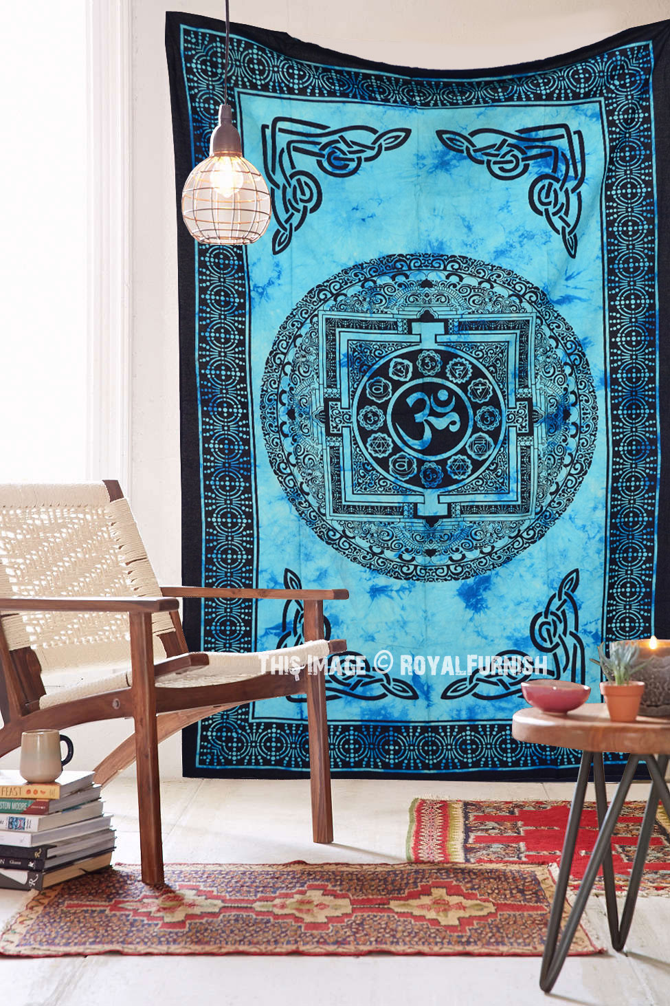 Turquoise Blue Hindu OM AUM Wall Tapestry, Tie Dye Indian Wall Hanging ...