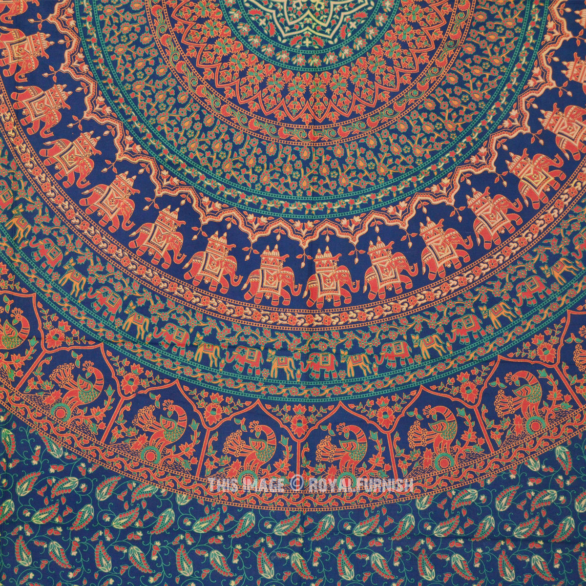 Queen Size Green Bohemian Elephant Mandala Wall Tapestry, Hippie Boho Bedspread - RoyalFurnish.com