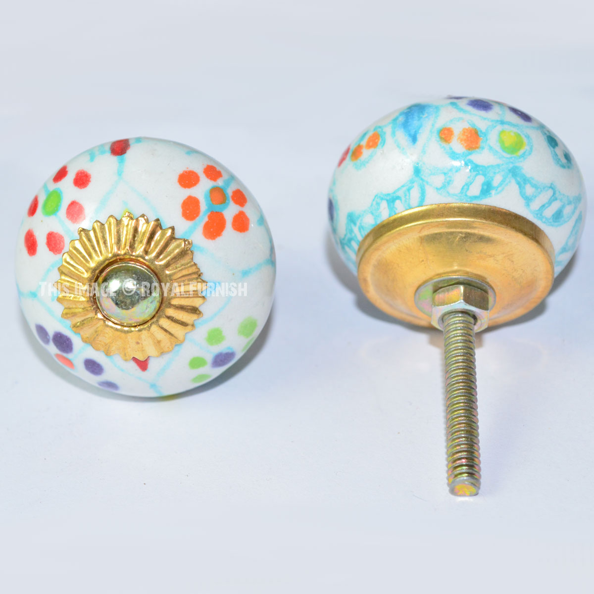 Multi Hand Painted Dots Ceramic Door Knobs, Set of 2