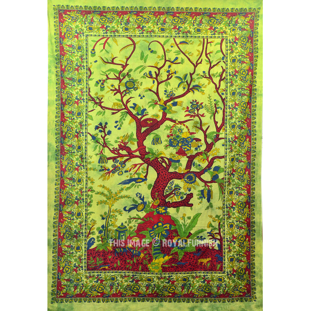 Green Cotton Fabric Tree of Life Wall Tapestry, Indian Twin Bedding