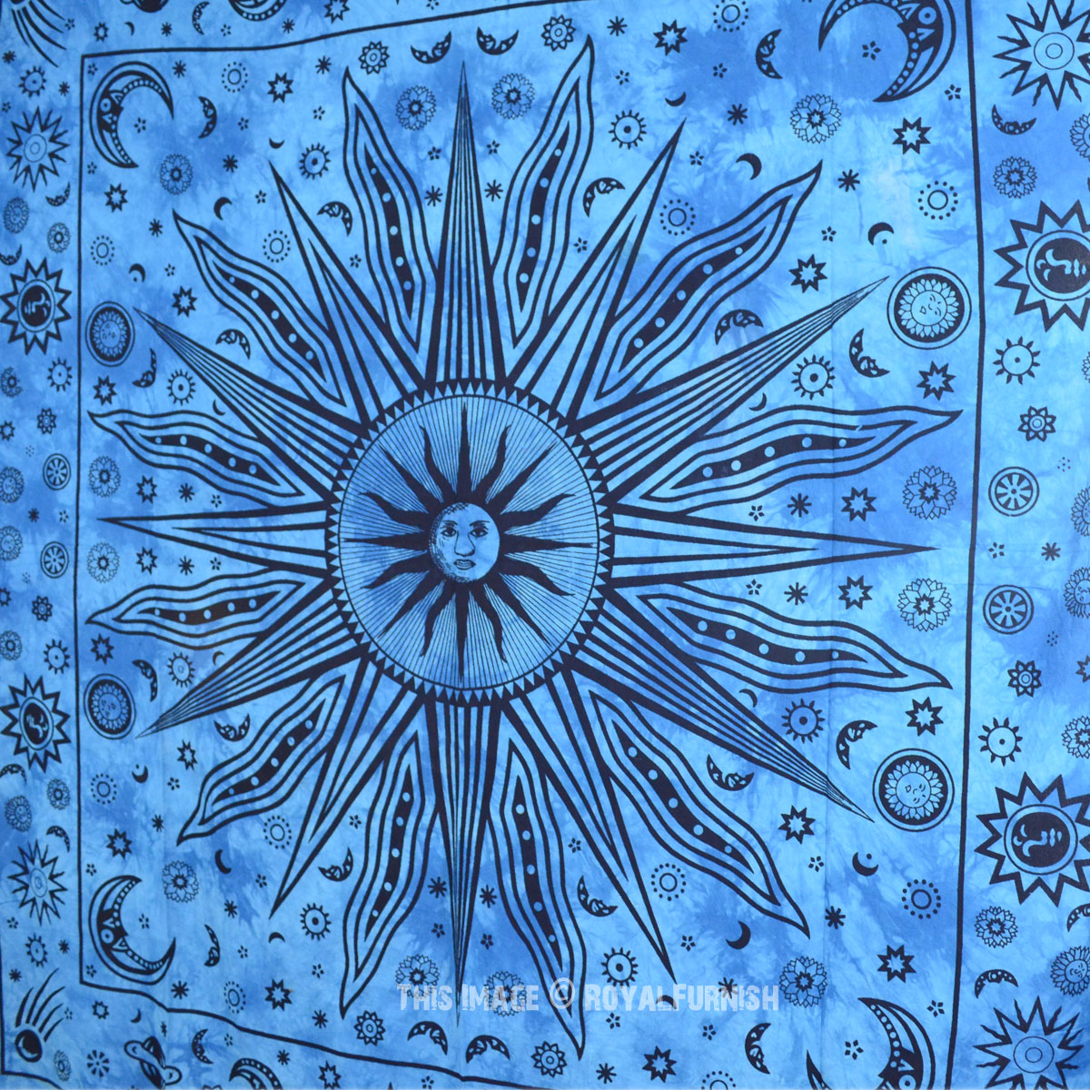 Blue Celestial Tie Dye Sun Moon Star Planets Wall Tapestry Hippie Throw