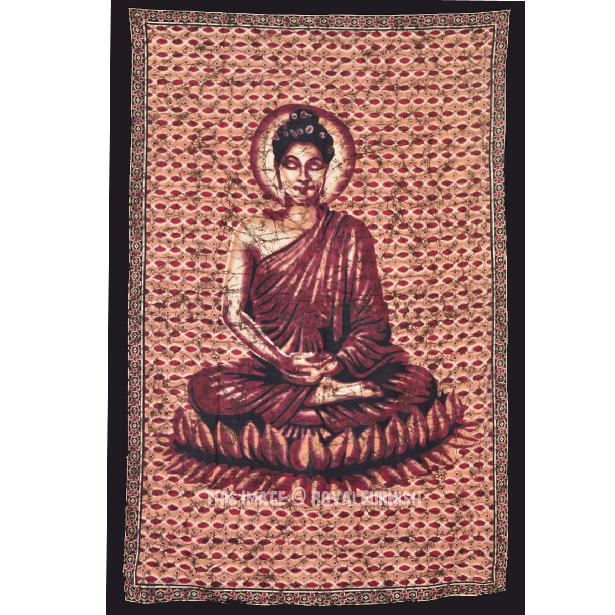 Maroon Buddha Buddhist Batik Lotus Position Tapestry, Wall Hanging