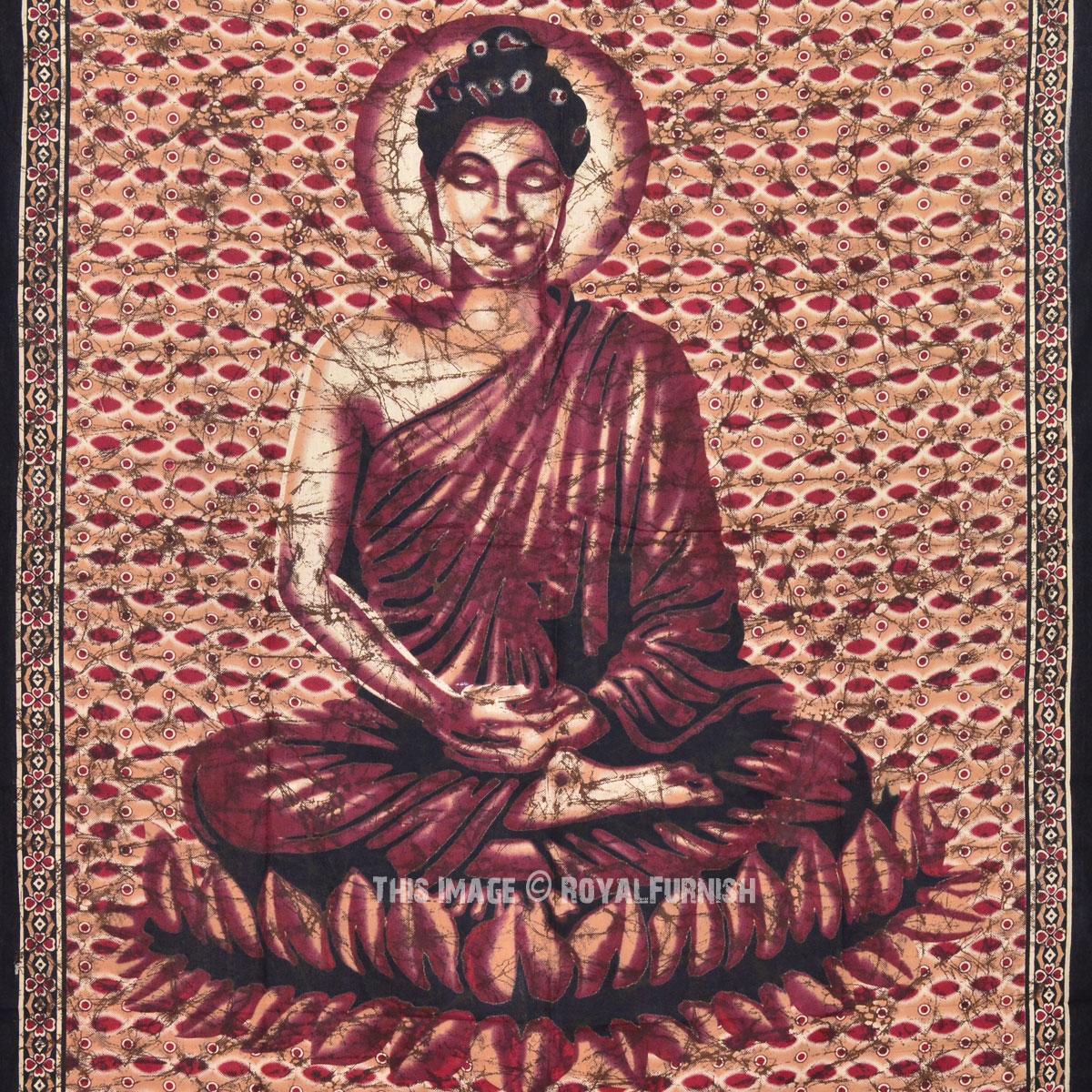 Maroon Buddha Buddhist Batik Lotus Position Tapestry, Wall Hanging