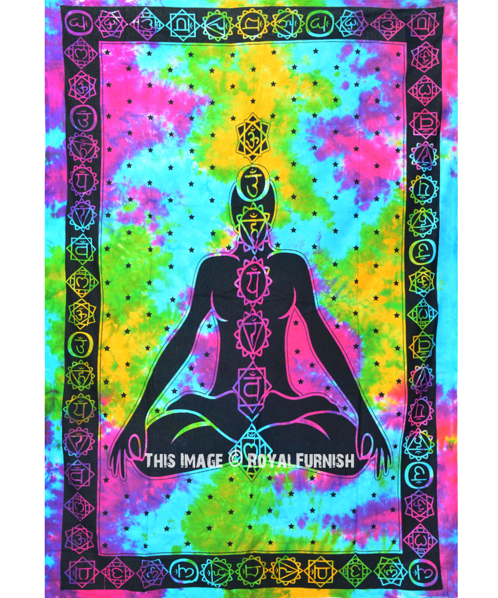 Turquoise Yoga Meditation Chakra Tapestry, Tie Dye Tapestry Wall 