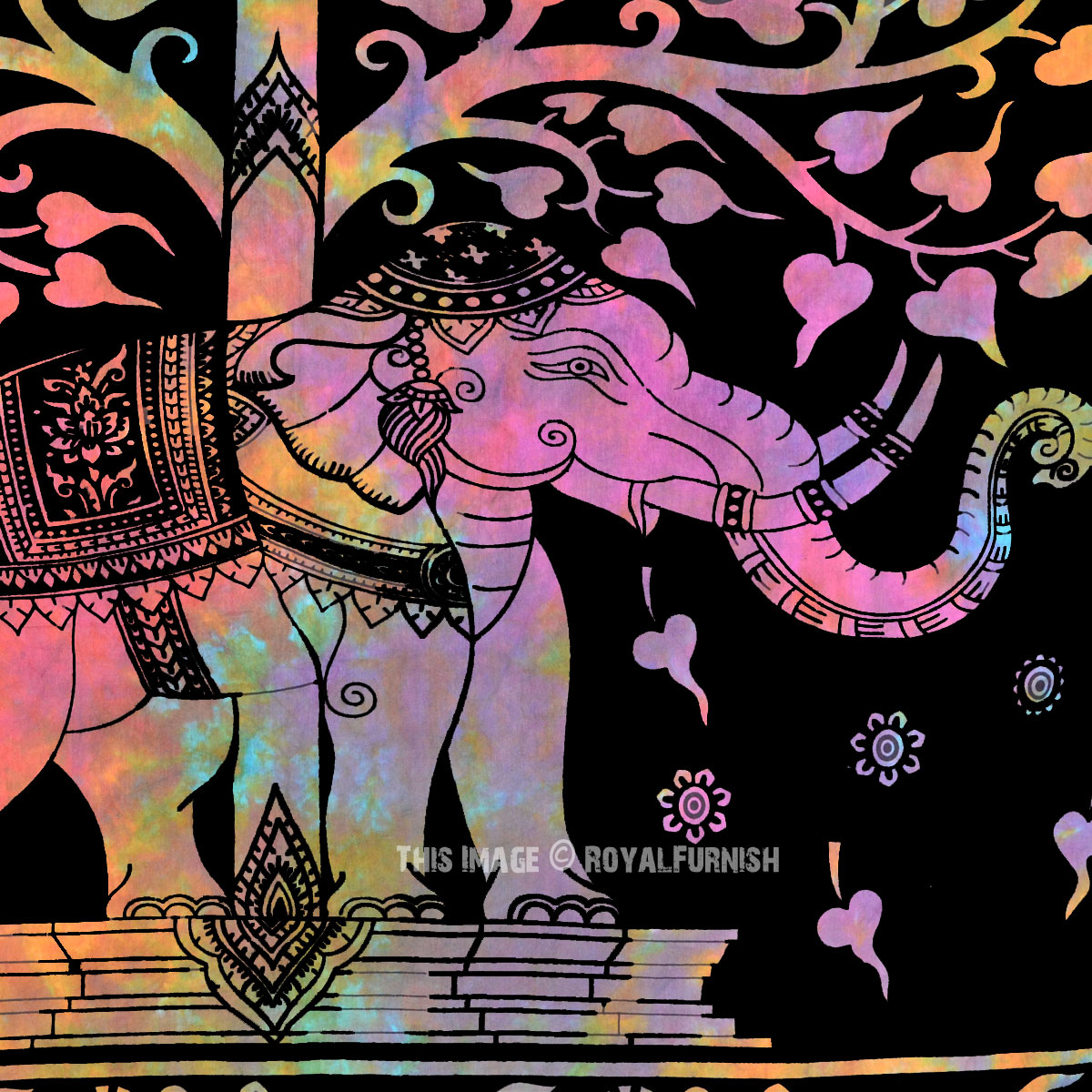 Black Elephant Tree Tie Dye Tapestry, Tie Dye Bed Sheet Throw