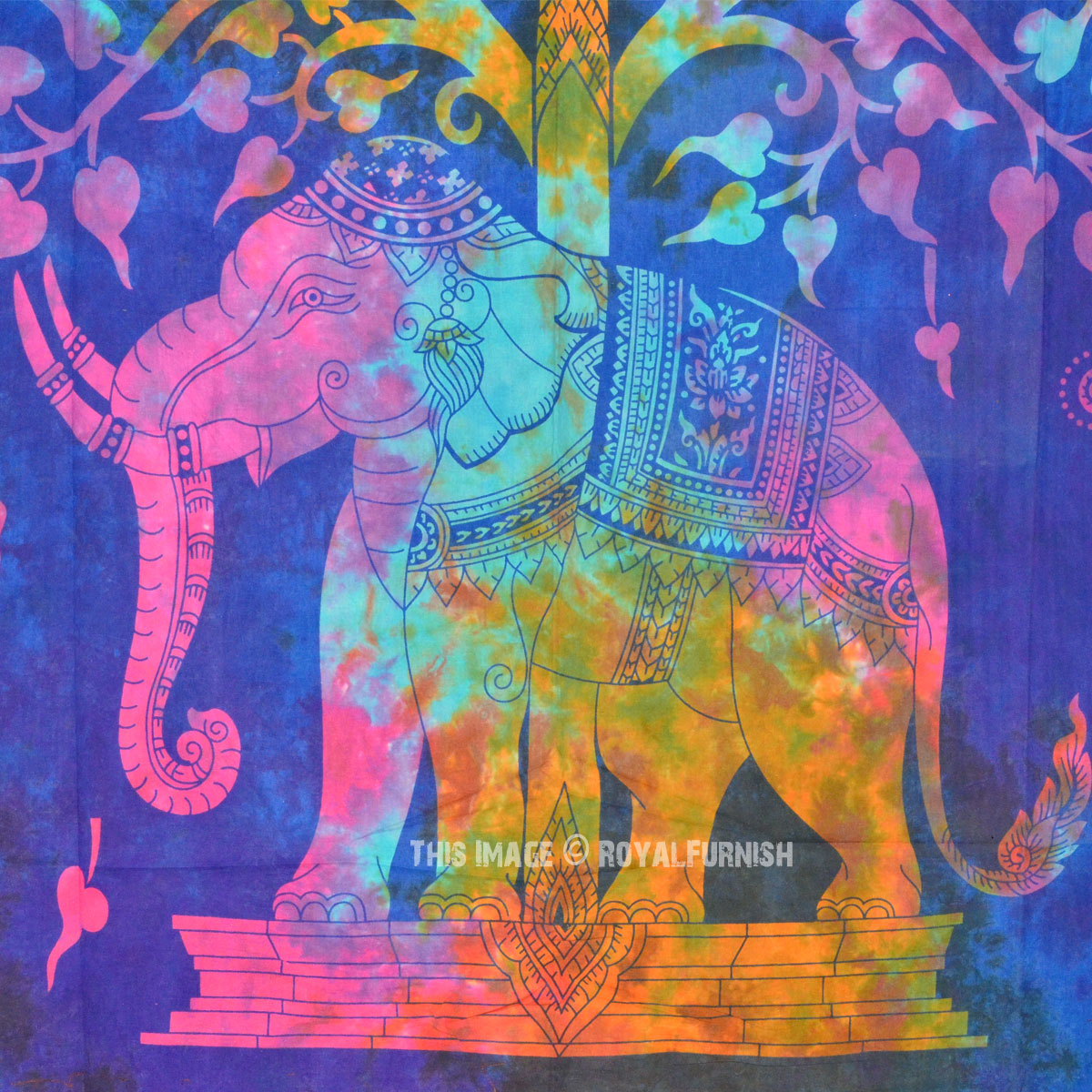 Small Blue Colorful Tie Dye Hippie Elephant and Tree Tapestry Wall ...