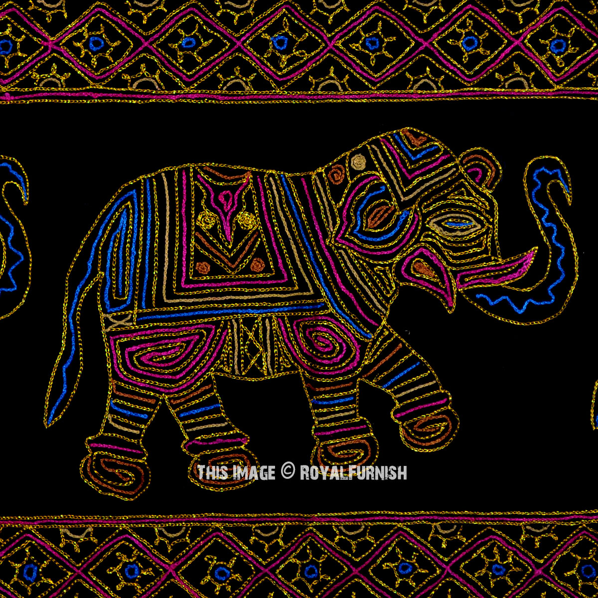 Black Multi Elephants Hand Embroidered Cotton Wall Hanging
