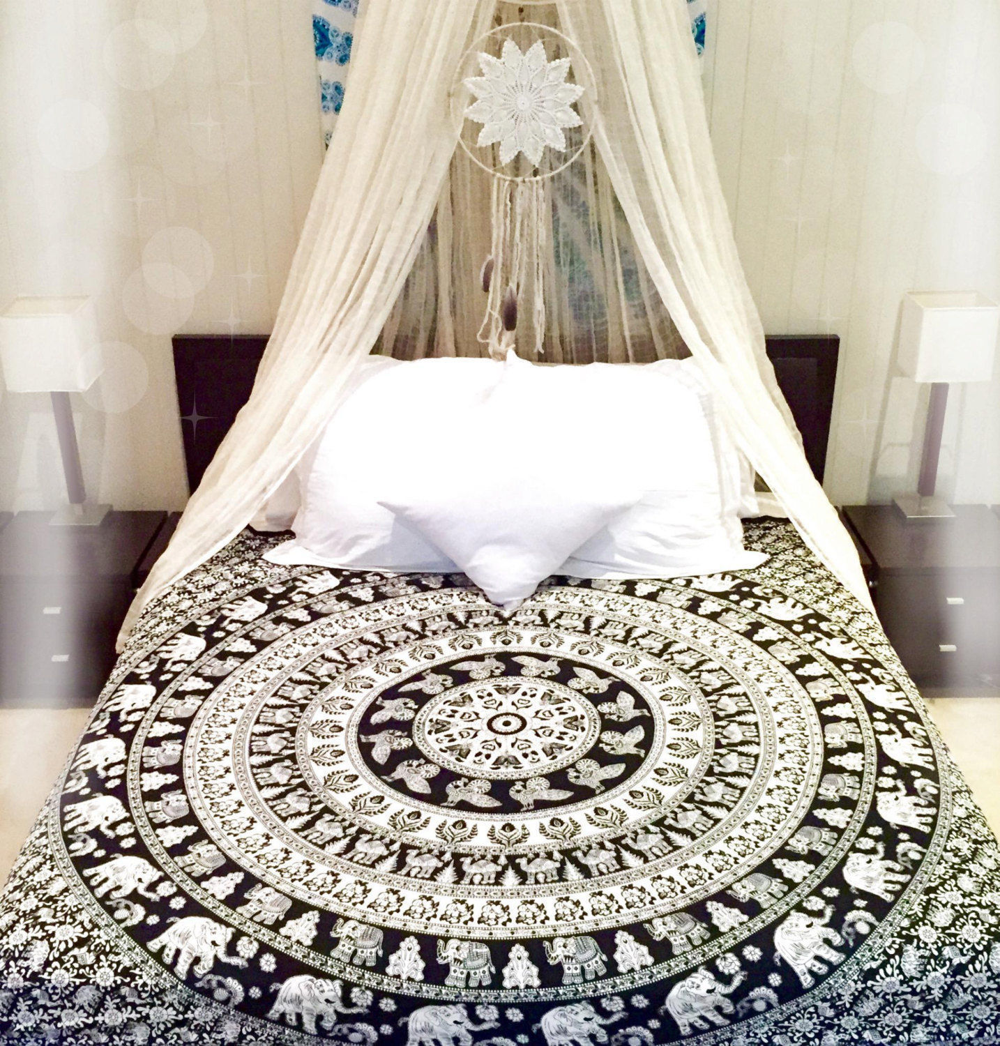 RAJRANG BRINGING RAJASTHAN TO YOU Black and White Mandala Large Elephant Tapestries Decorative Boho Hippie Wall Hanging Indian Queen Size Bedspread Sheet Pure Cotton Bedding 228 x 213 cms