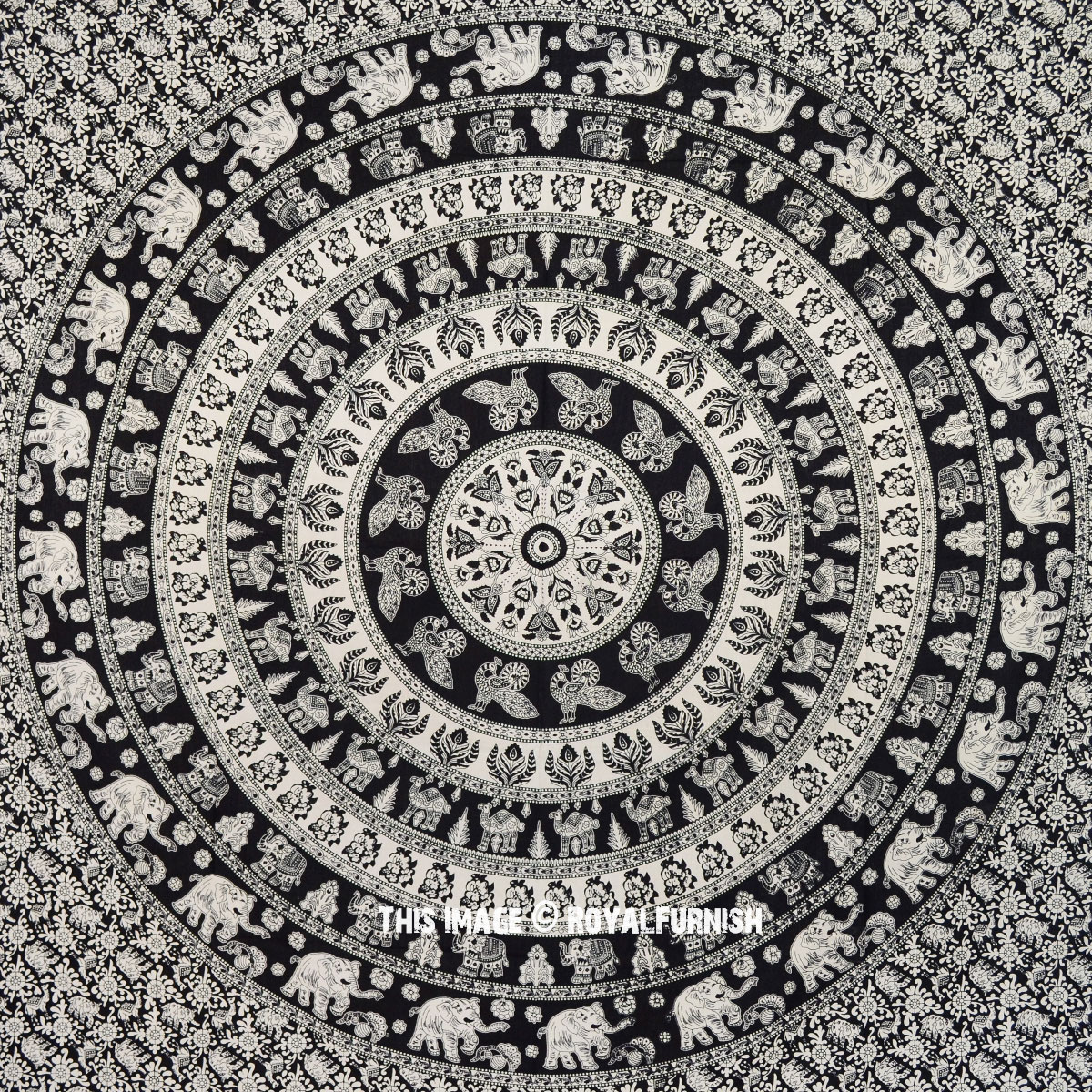 68 x 80 Wall Tapestry Kess InHouse Famenxt Ornamental Indian Elephant Black White Digital