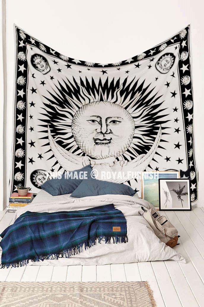 Black and White Sun and Moon Stars Tapestry Wall Hanging - RoyalFurnish.com