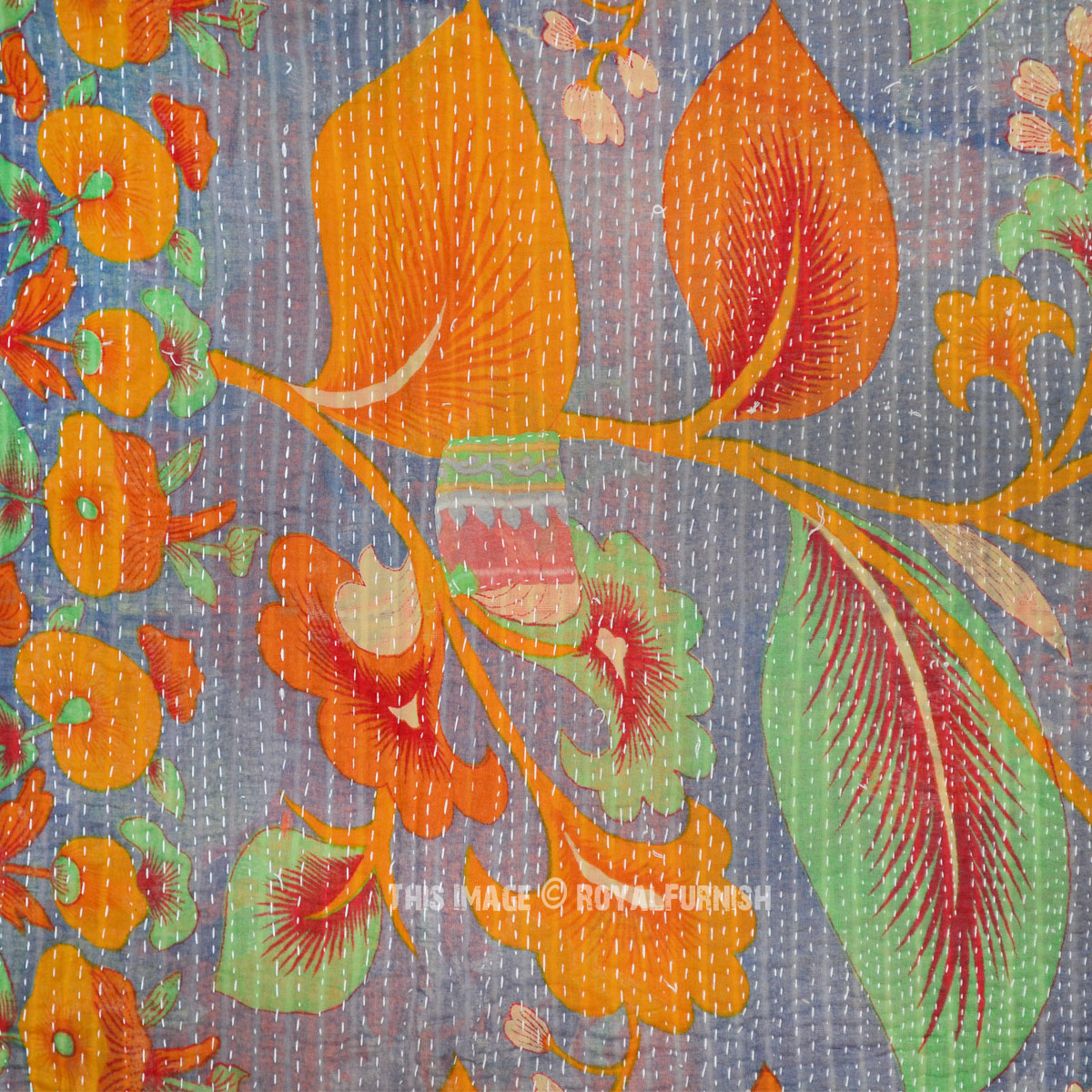 Orange Multi Leafs Printed Vintage kantha Quilt Throw