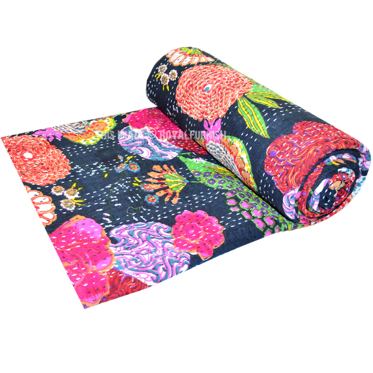Twin Size Black Multi Flowers Printed Kantha Quilt Bedspread ...