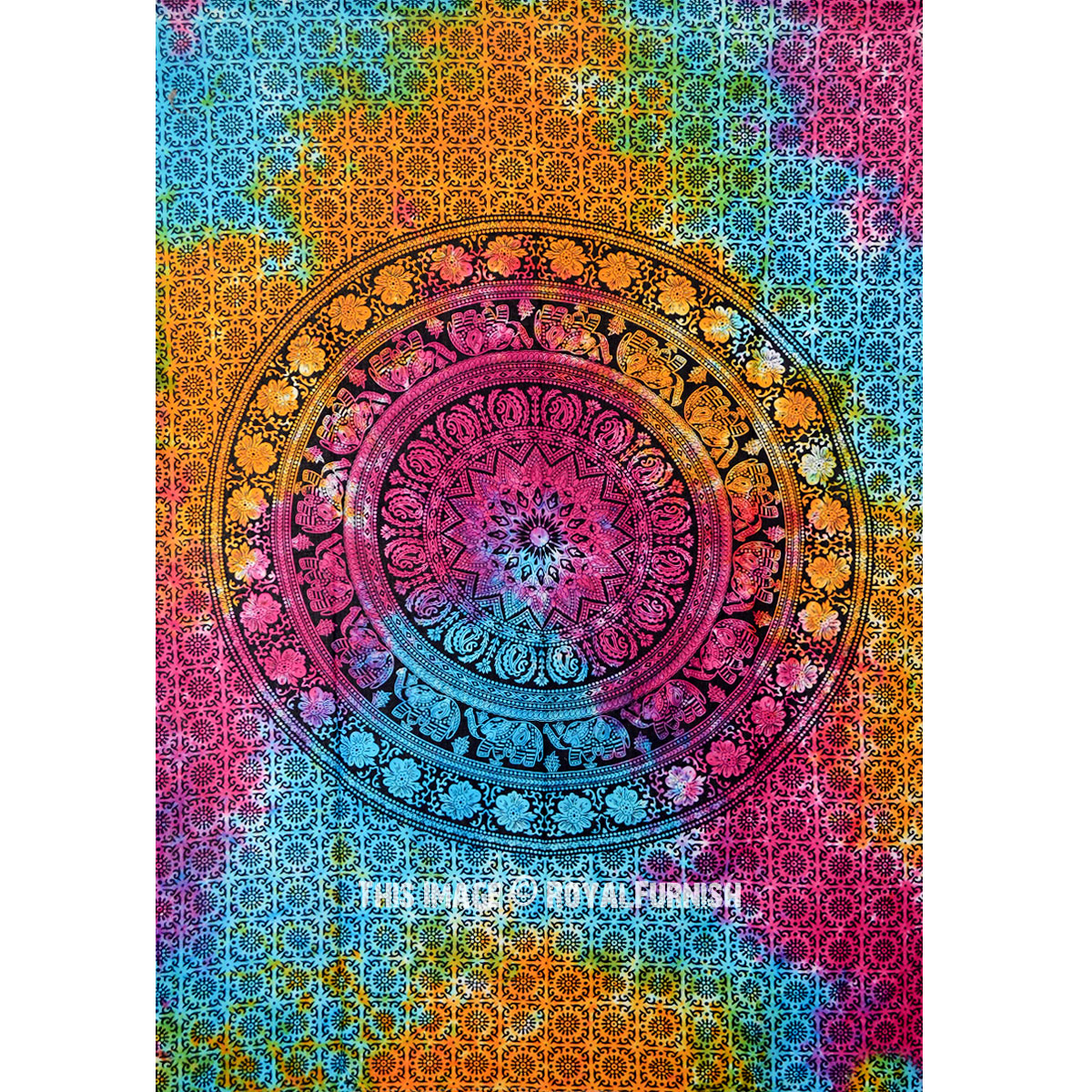 Floral and Elephant Star Circle Tie Dye Tapestry, Mandala Wall Hanging