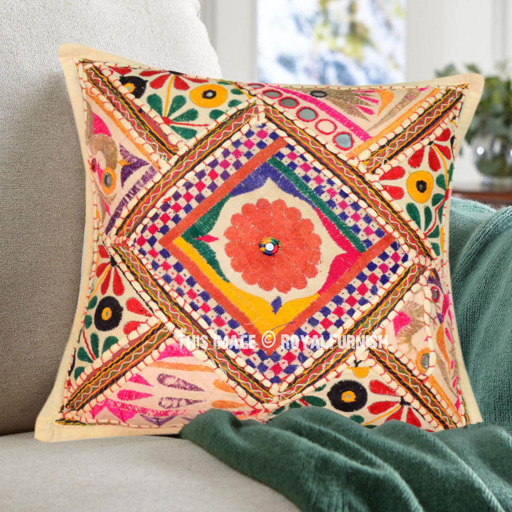 16X16 Unique White Floral Boho Cotton Embroidered Toss Pillow Cover