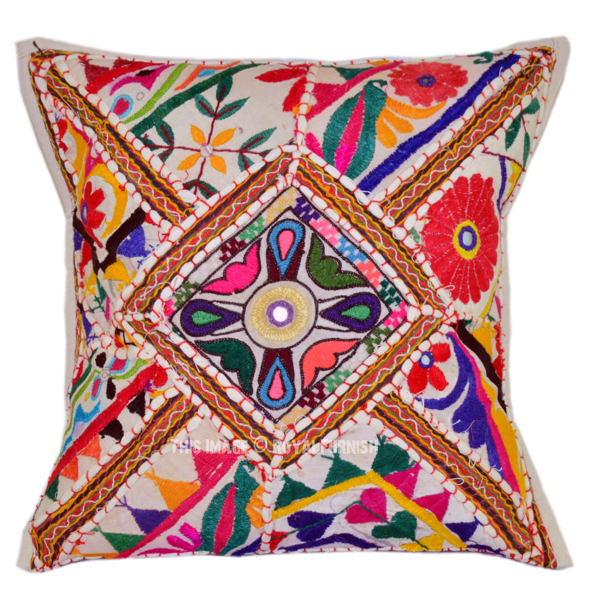 Bohemian Inspired Cotton Embroidered Square Throw Pillow Cover