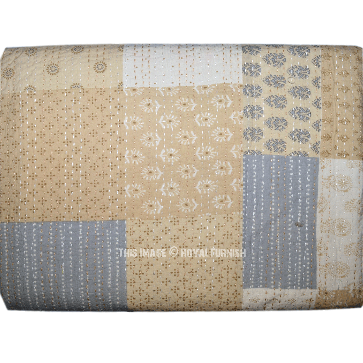 Multi Patchwork Theme Kantha Quilted Bedspread