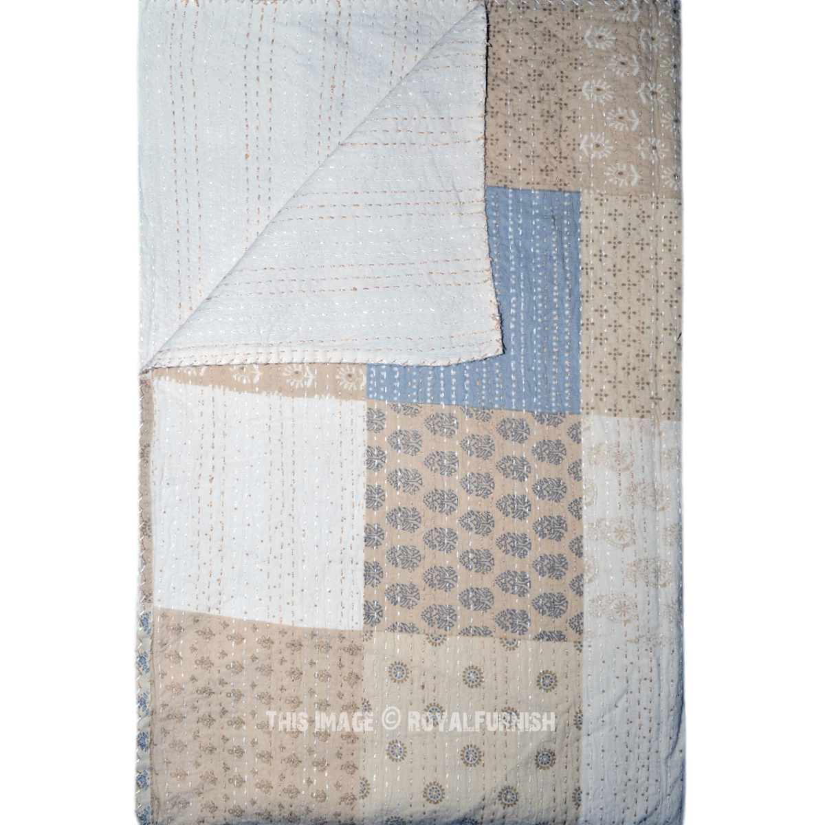 Multi Patchwork Theme Kantha Quilted Bedspread