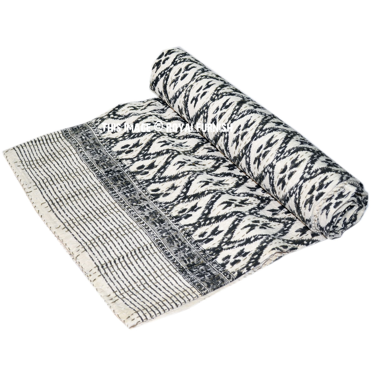 Twin Size Black and White Canvas Printed Ikat Kantha Quilted Bedding