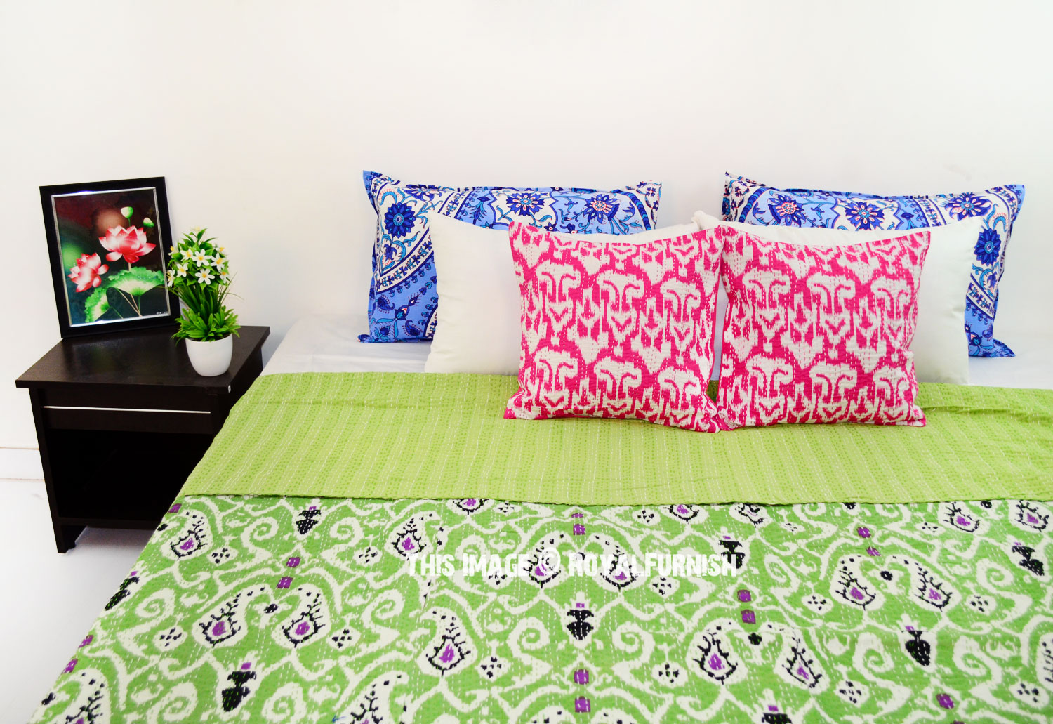 Green Queen Size Paisley Ikat Kantha Quilt Blanket Bedding Bedspread