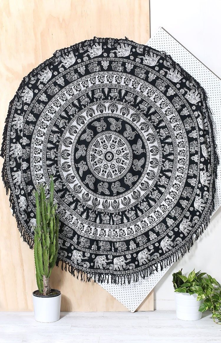 Hippie Elephant Mandala Tapestry Beach Throw Yoga Mat Towel Bonhomie Round Art 