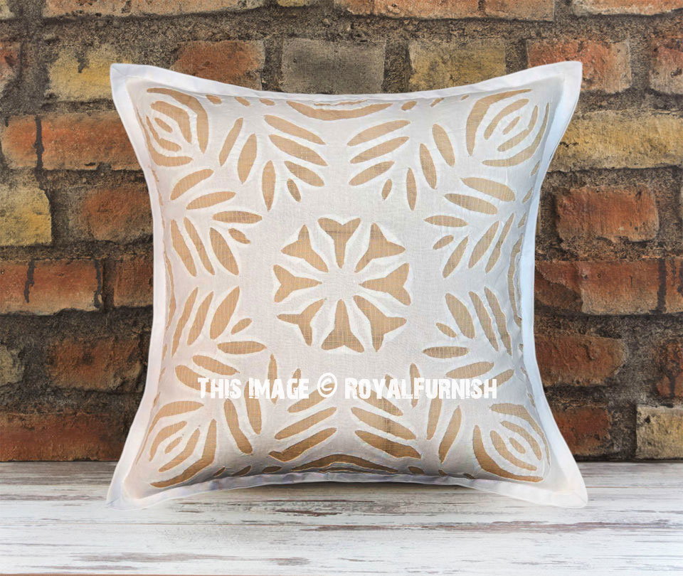 Decorative White Yellow Leaves Cutwork Design Pillow Case 16X16 - RoyalFurnish.com