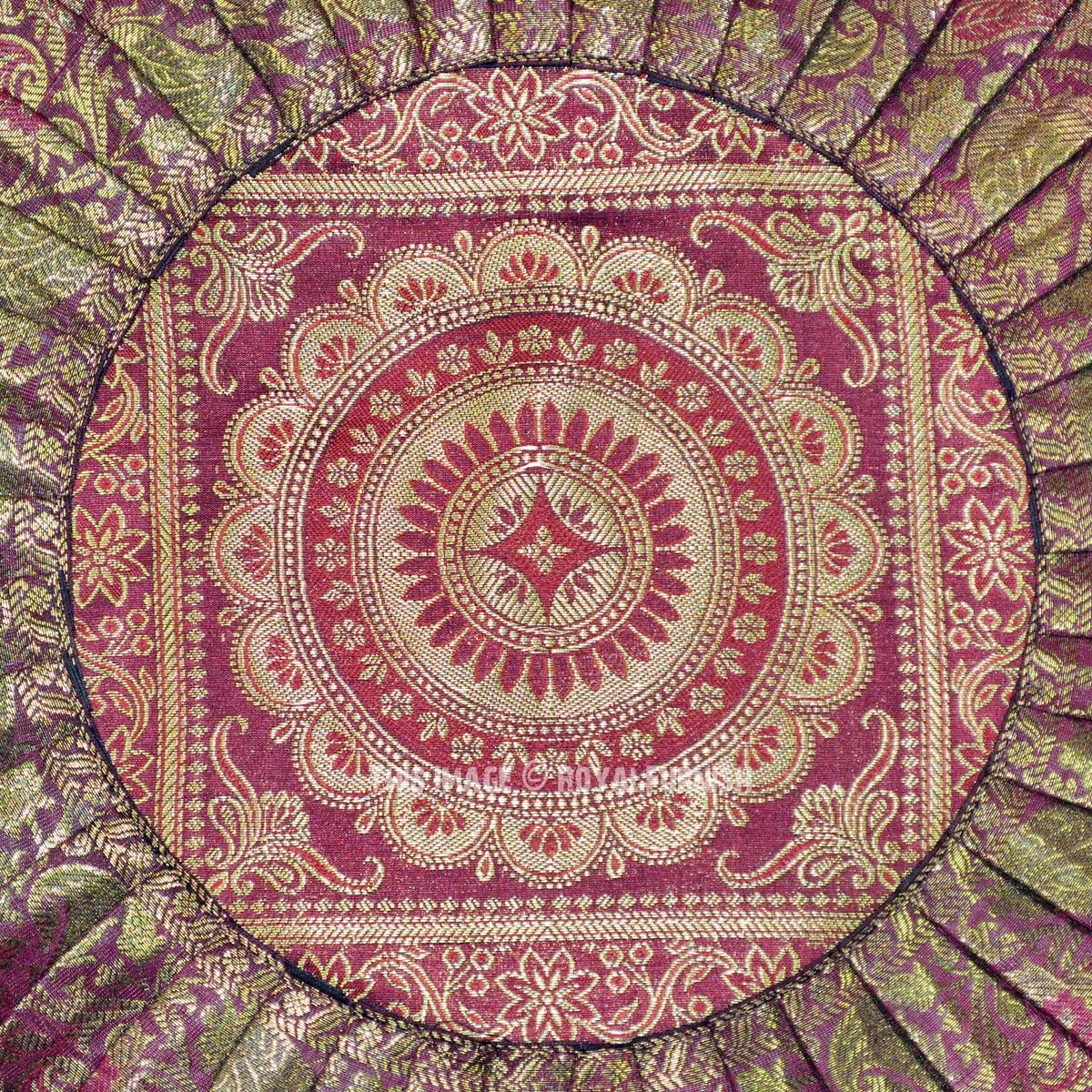 Brown Multi Floral Medallion Silk Brocade Round Pillow Cover 16 Inch