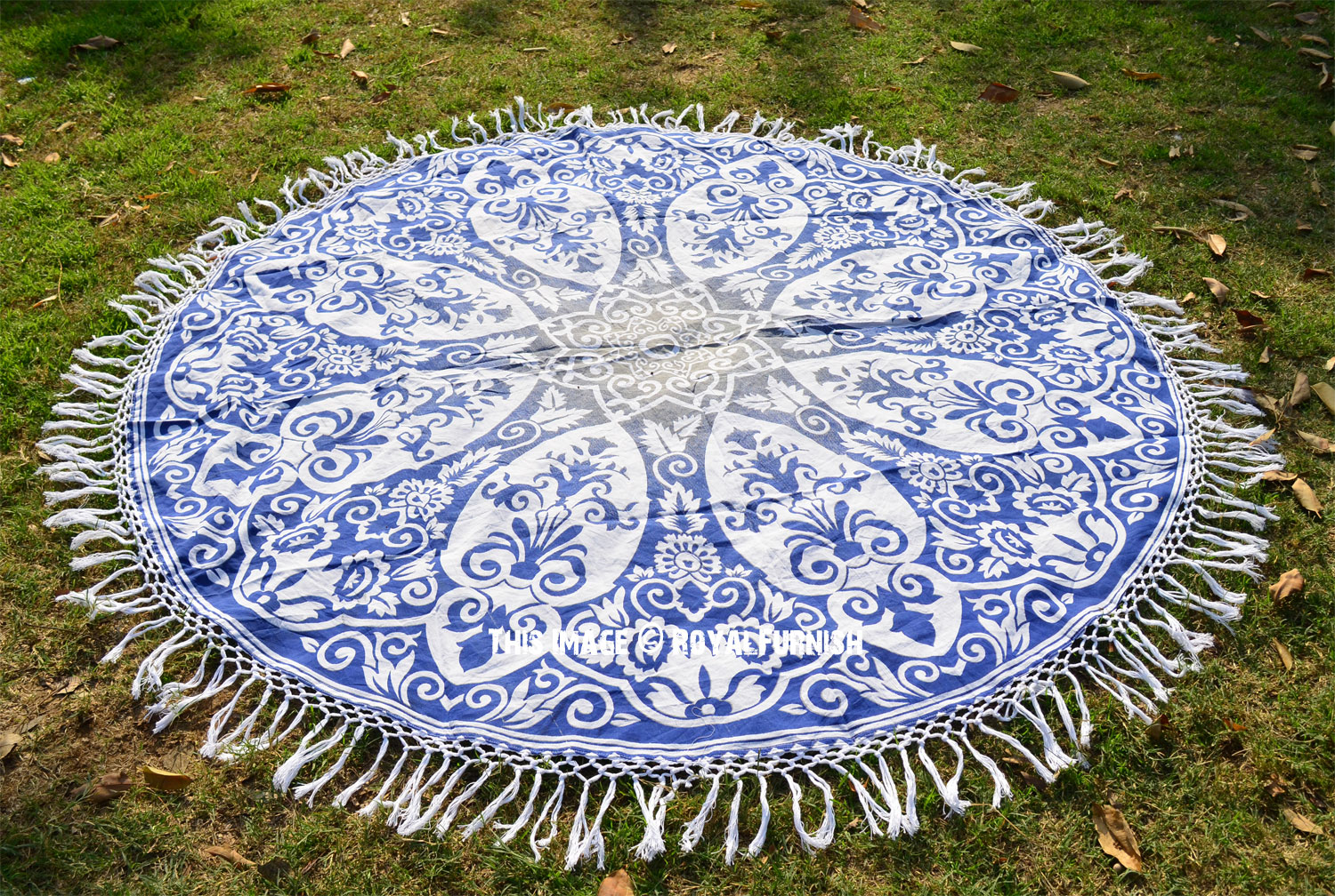 Blue Multi Flower Printed Ombre Mandala Roundie Beach Towel Throw ...