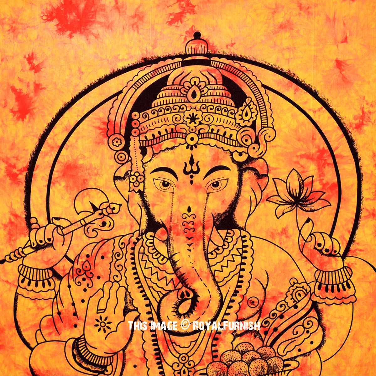 Large Yellow Hindu God Ganesha Tapestry, Tie Dye Wall Hanging
