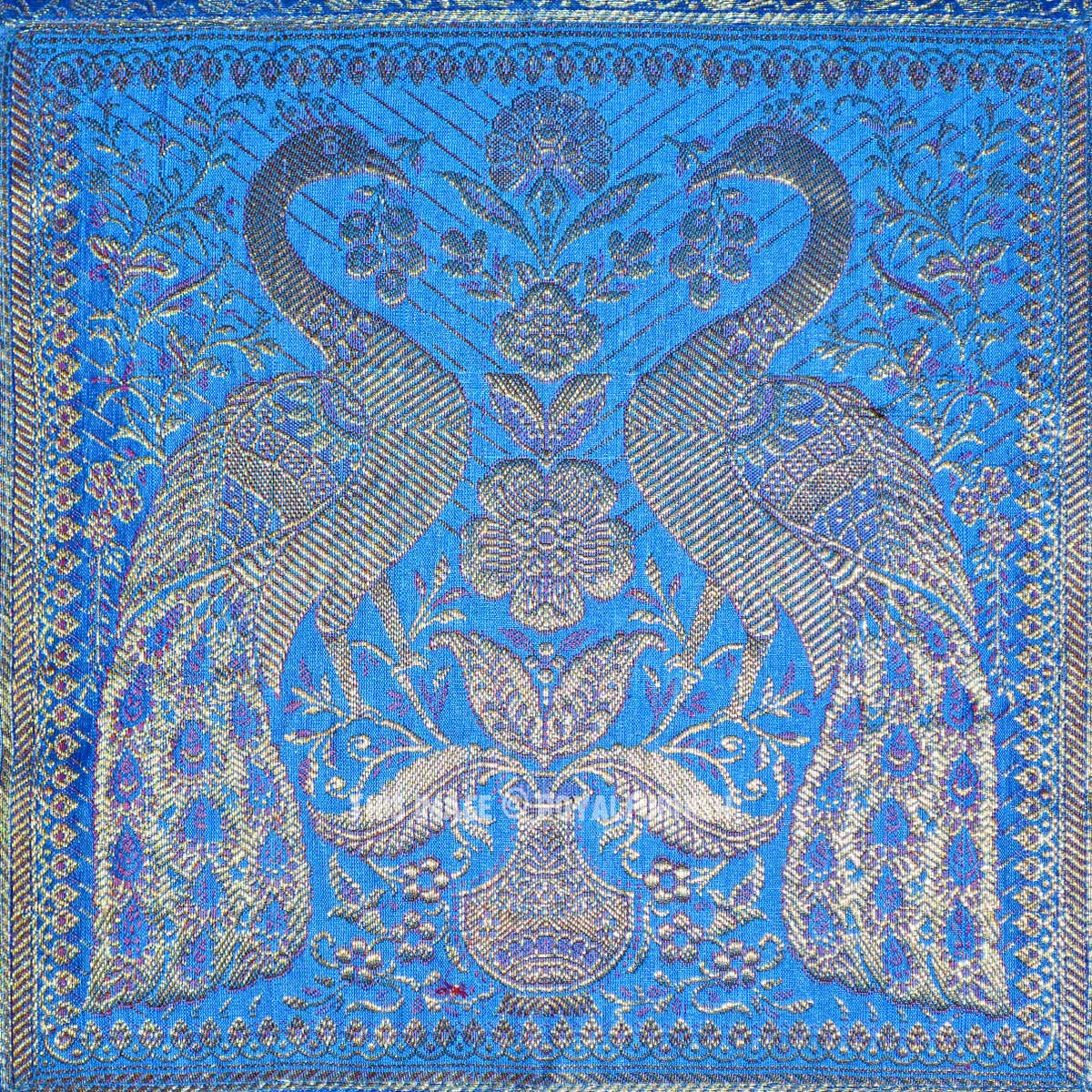 Turquoise Blue Two Peacocks Featuring Silk Throw Pillow Case
