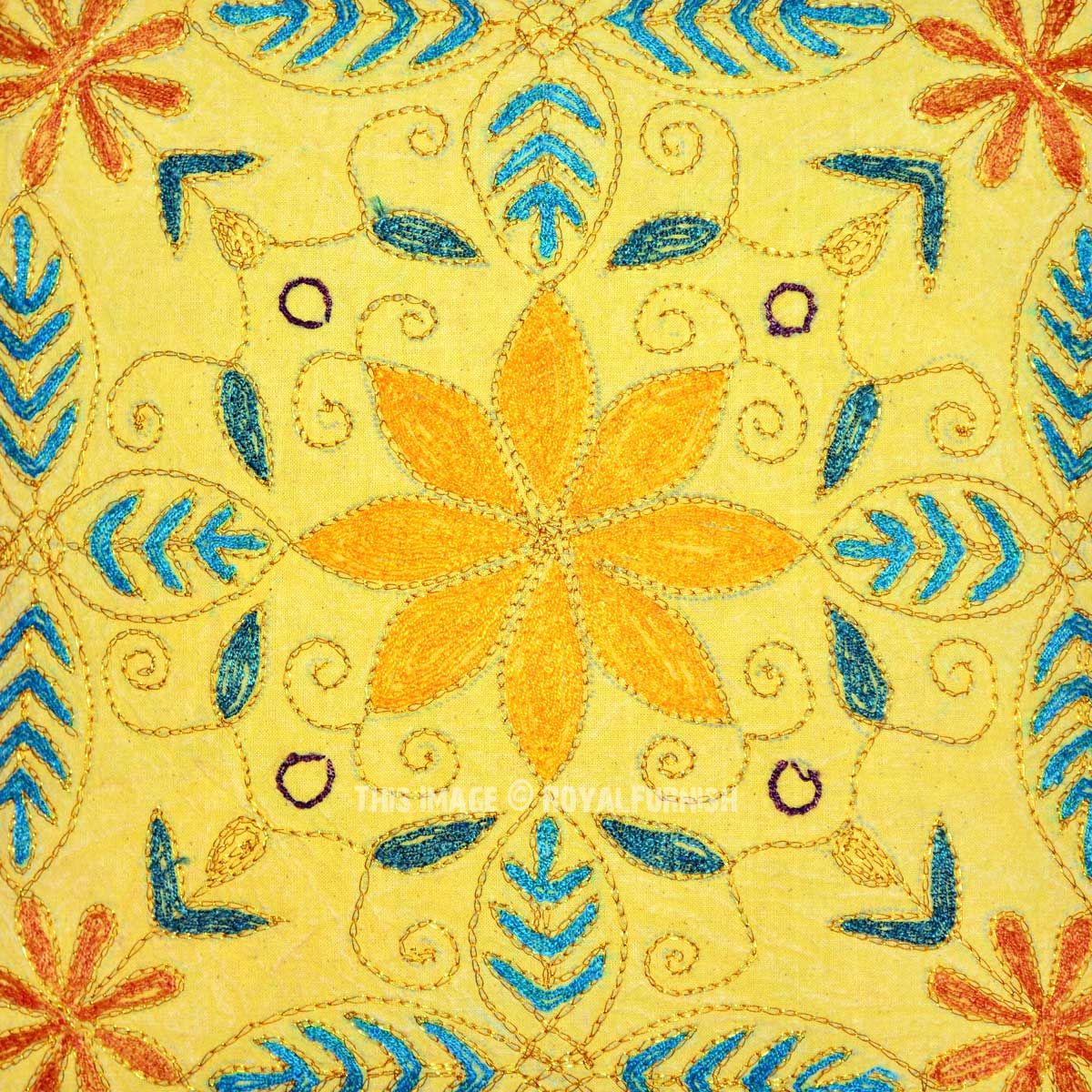 Yellow Hand Embroidered Boho Style Throw Pillow Cover