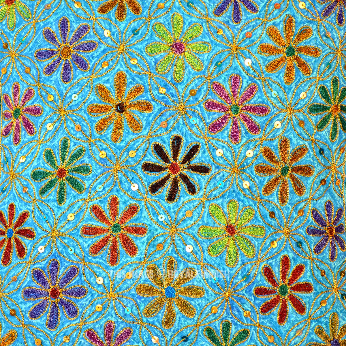 Turquoise Blue Decorative Needlepoint Embroidered Cotton Throw Pillow Cover 16X16