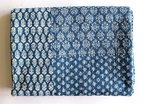 Twin Size Hand Block Printed Indigo Kantha Quilt, Patchwork Bedspread ...