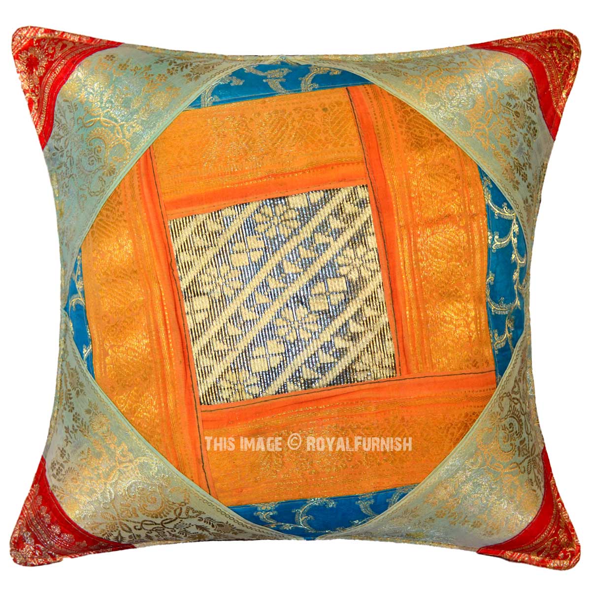 Colorful Unique Decorative Silk Sari Brocade Handmade Pillow Cover