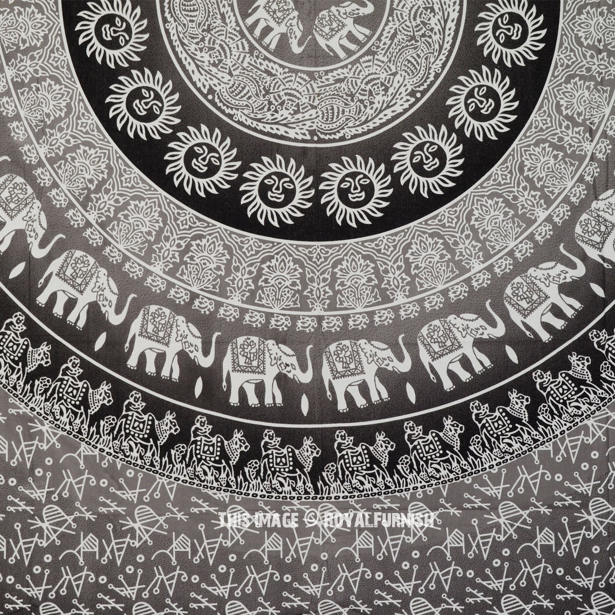 Black & Grey Indian Elephant Sun Mandala Hippie Wall Tapestry Bedspread ...