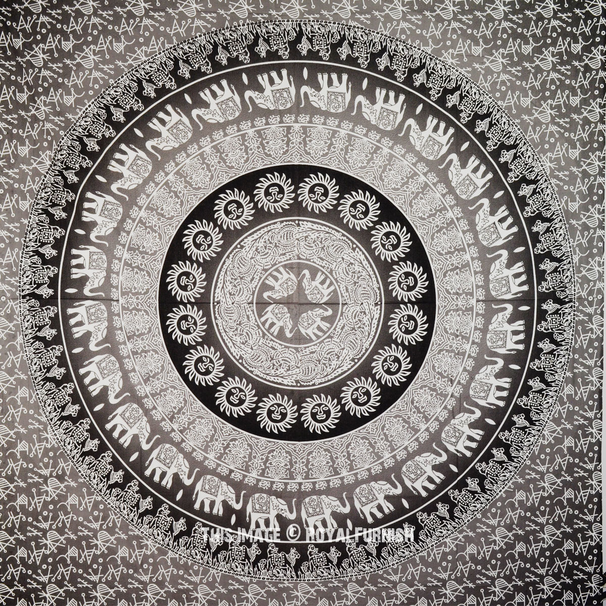 Black & Grey Indian Elephant Sun Mandala Hippie Wall Tapestry Bedspread ...