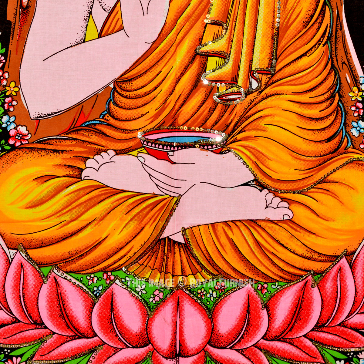 Meditating Gautama Buddha Sitting on Lotus Cotton Fabric Cloth Poster