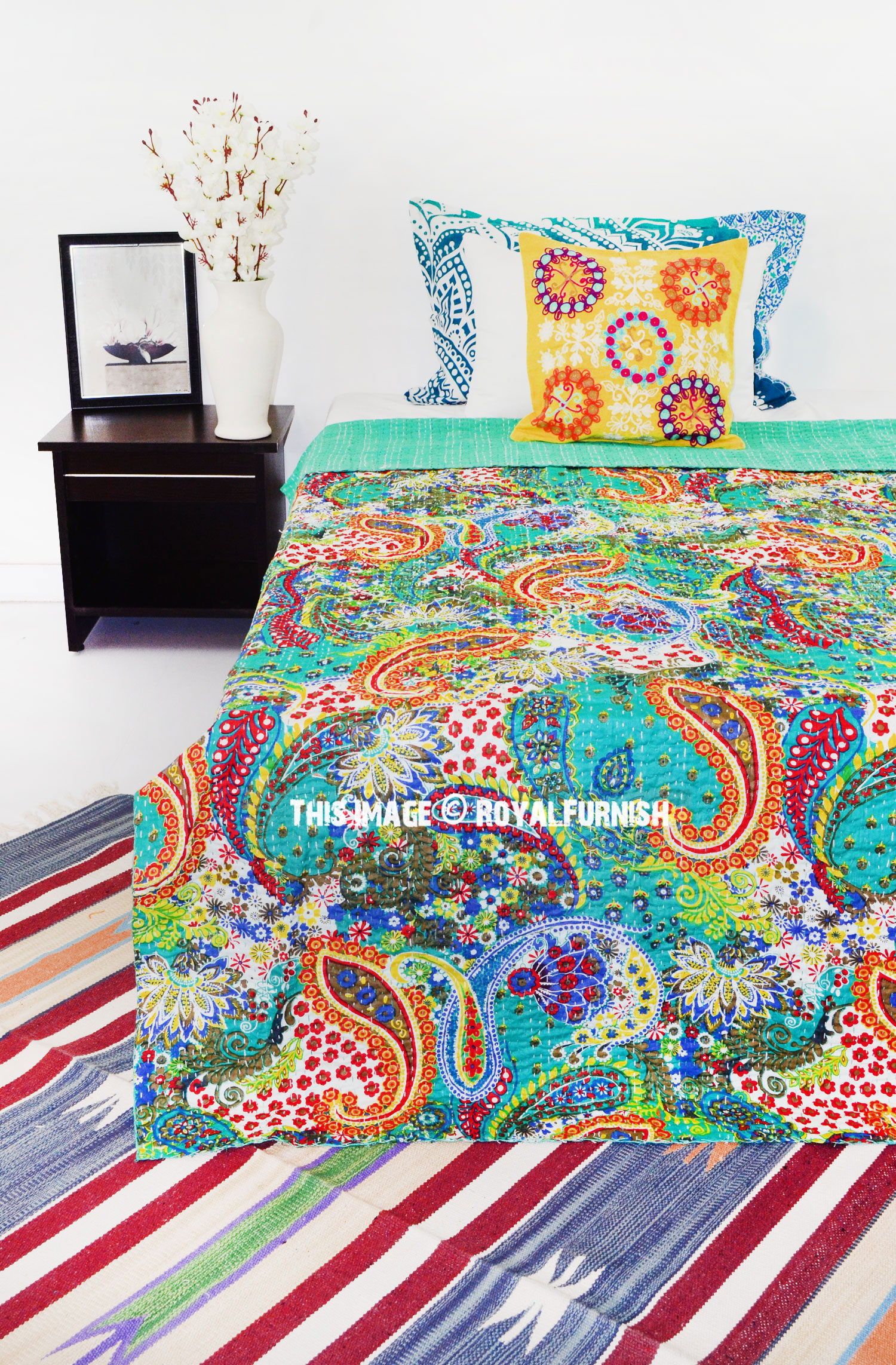Details about   Indian Handmade Paisley-Print Cotton Kantha-Work Quilt Twin Bedspread Blanket 