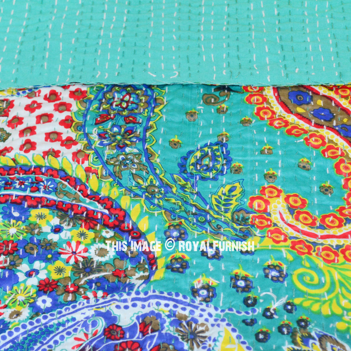 Twin Size Green Boho Paisley Kantha Quilted Bedding - RoyalFurnish.com