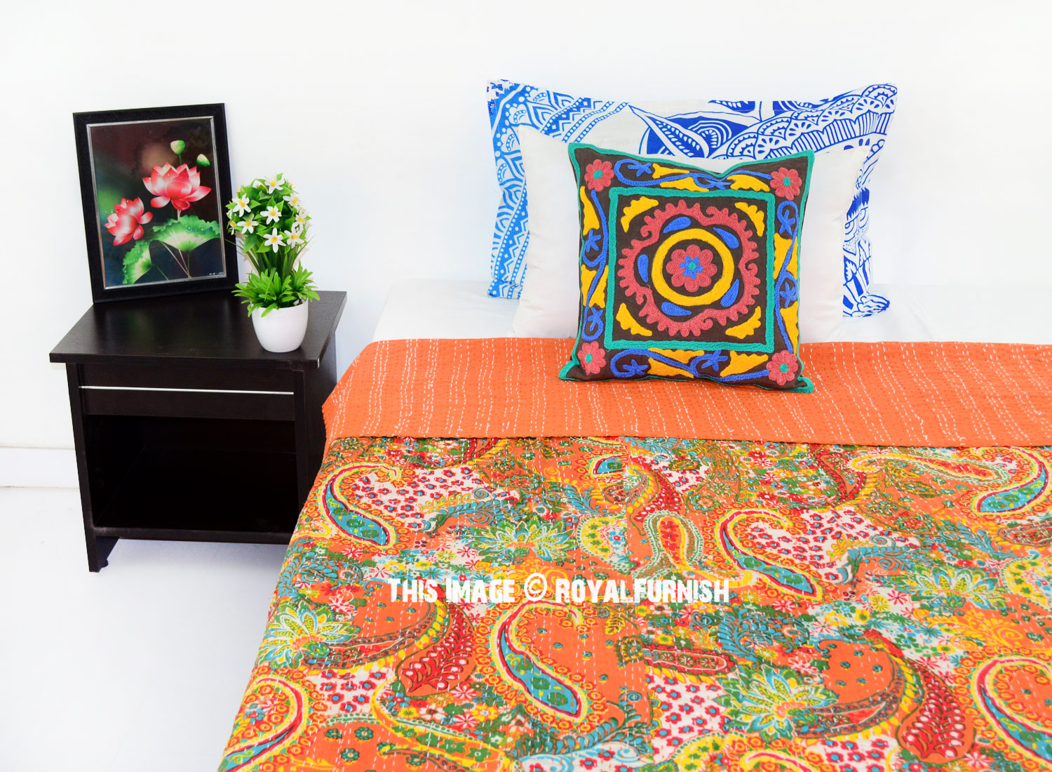 INDIAN PAISLEY FLORAL KANTHA QUILT BEDSPREAD TWIN BEDDING BLANKET HANDMADE THROW 