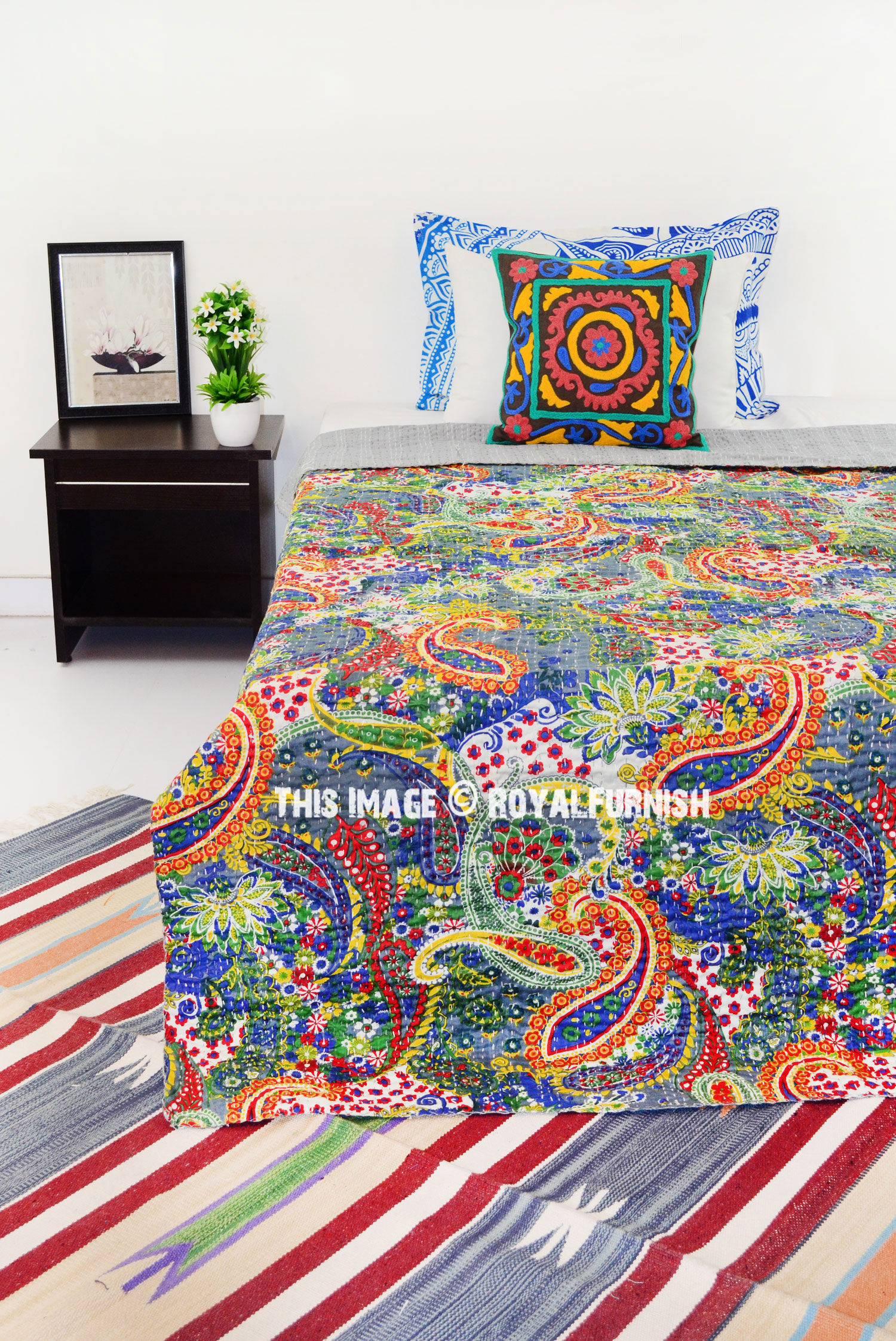 Colorful Multi Unique Paisley Printed Cotton Kantha Quilt Blanket Throw