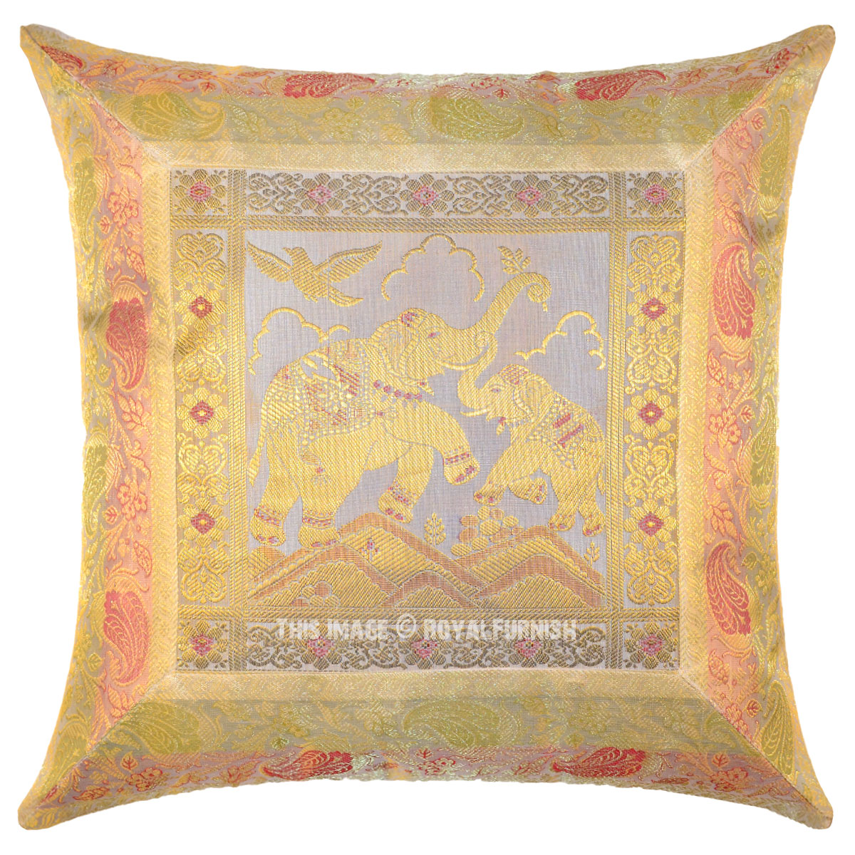 White Two Elephants Playing Decorative Square Silk Pillow Cover 16X16