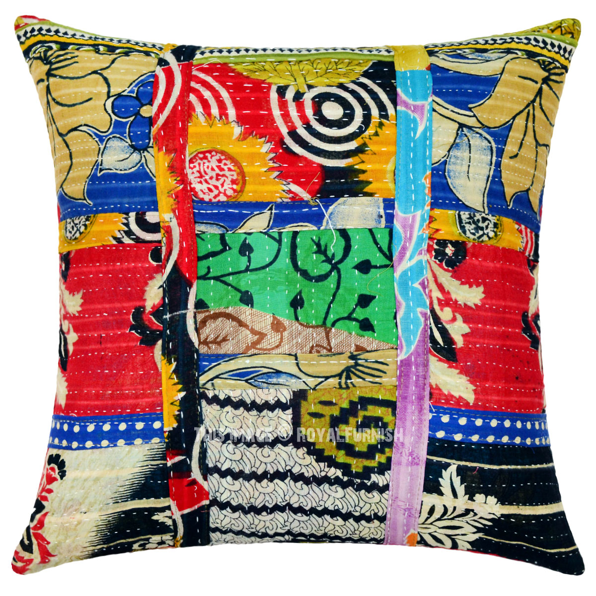 16X16 Decorative and Boho Accent Patchwork Pattern Kantha Pillow Case