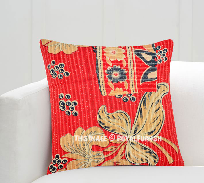 18X18 Red Multi Decorative Old Vintage Kantha Throw Pillow Cover - RoyalFurnish.com