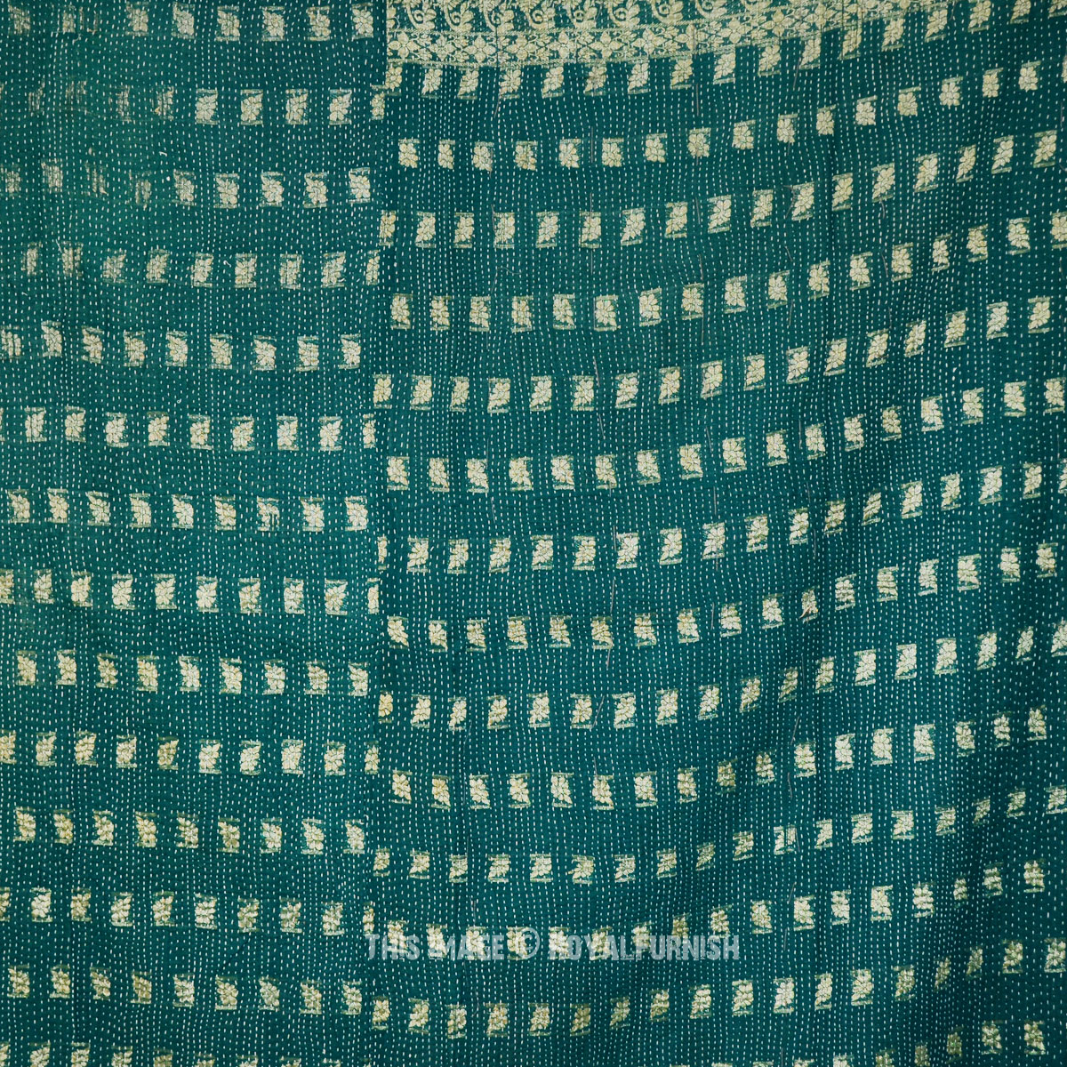 Green Old Handcrafted Reversible Cotton Kantha Blanket Throw