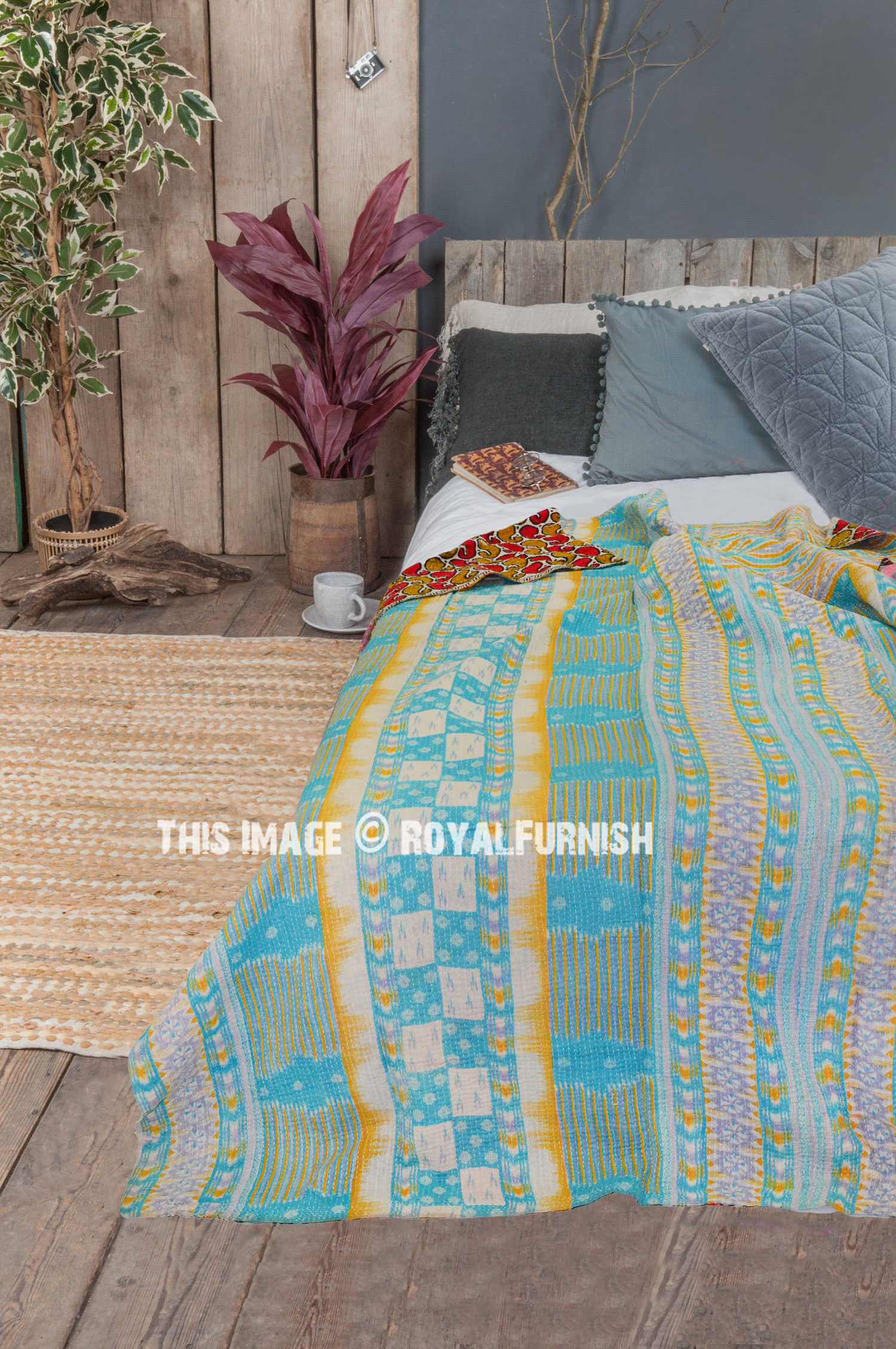 Multi Paisley Vintage Bengali Sari Kantha Throw Blanket