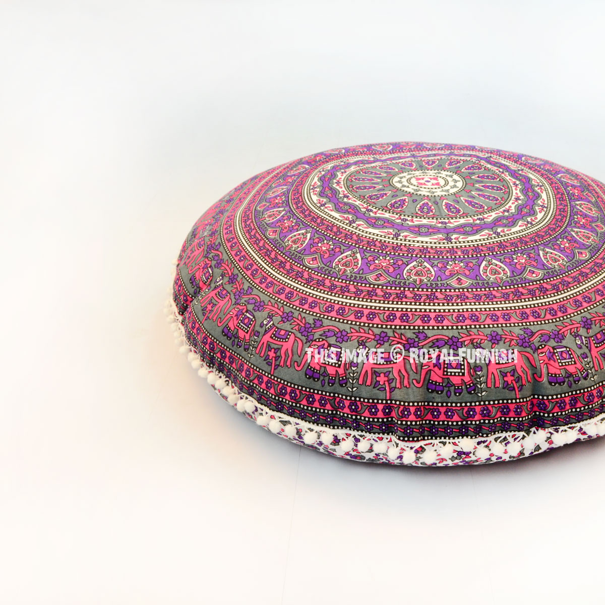 Pink & Grey Elephants Ring Medallion Round Floor Pillow Cover - RoyalFurnish.com