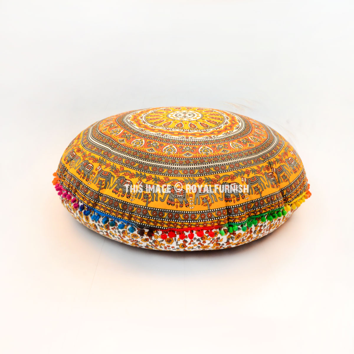 Yellow Bohemian Elephants Mandala Round Floor Pillow Cover