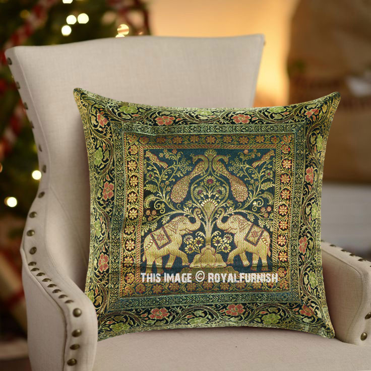Green Elephants Tree Featuring Silk Brocade Throw Pillow Cover 16X16