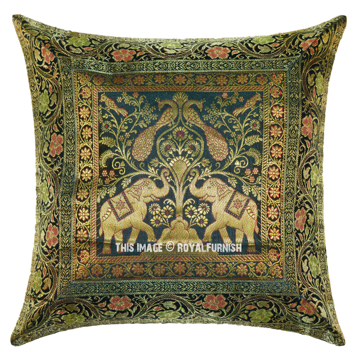 Green Elephants Tree Featuring Silk Brocade Throw Pillow Cover 16X16